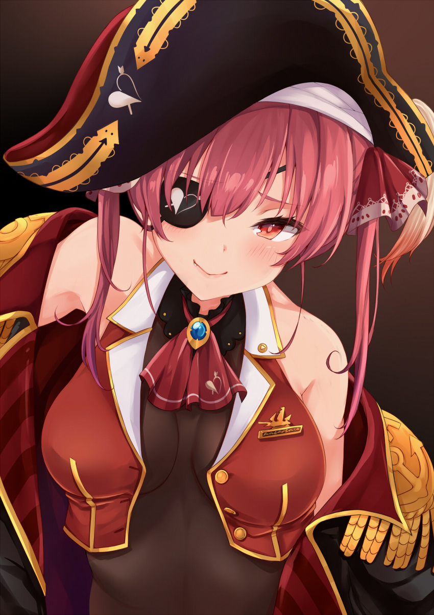 1girl bangs bare_shoulders blush bodystocking breasts hat heterochromia highres hololive houshou_marine large_breasts long_hair looking_at_viewer open_mouth pirate_costume red_eyes redhead roriwanko smile solo twintails unbuttoned virtual_youtuber yellow_eyes