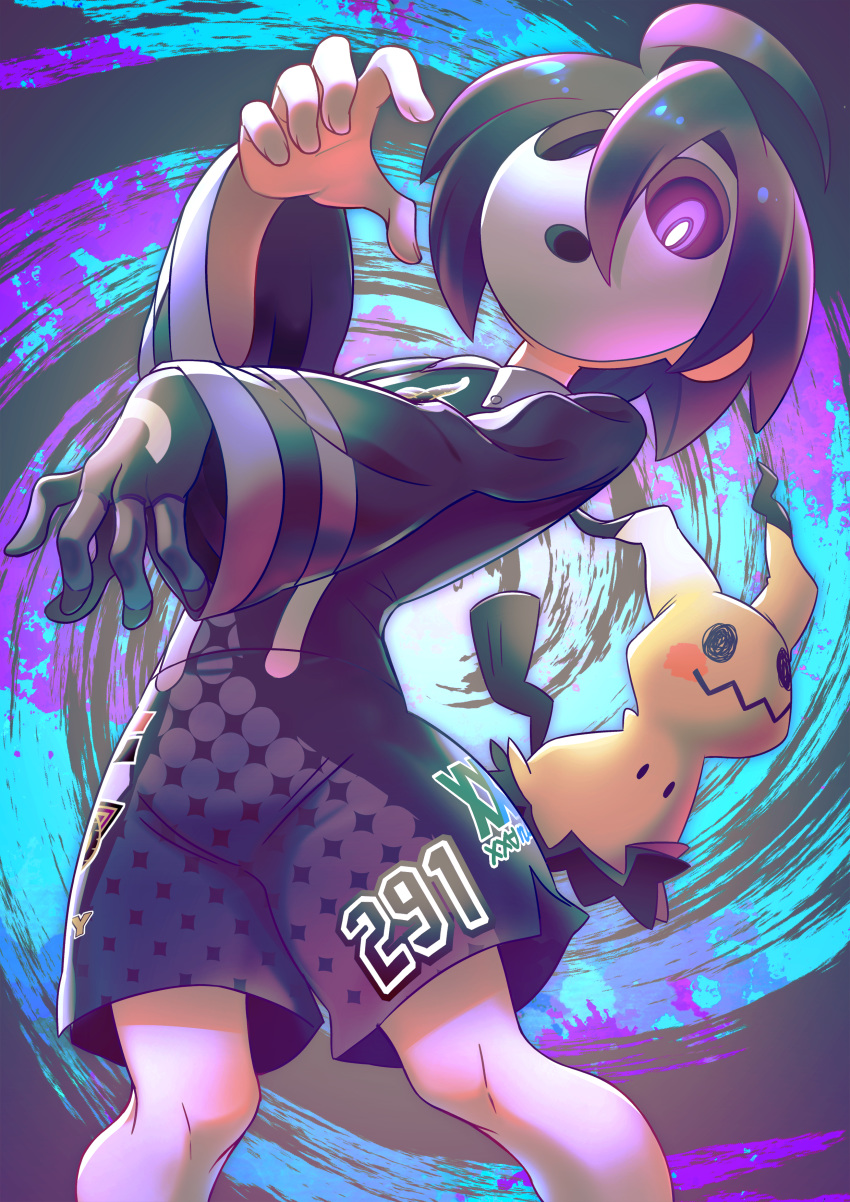 1boy absurdres ahoge allister_(pokemon) black_hair collared_shirt commentary_request gen_7_pokemon gloves glowing glowing_eyes gym_leader highres long_sleeves looking_at_viewer mask mimikyu mushiki_k number pokemon pokemon_(creature) pokemon_(game) pokemon_swsh shirt shorts side_slit side_slit_shorts single_glove suspender_shorts suspenders violet_eyes