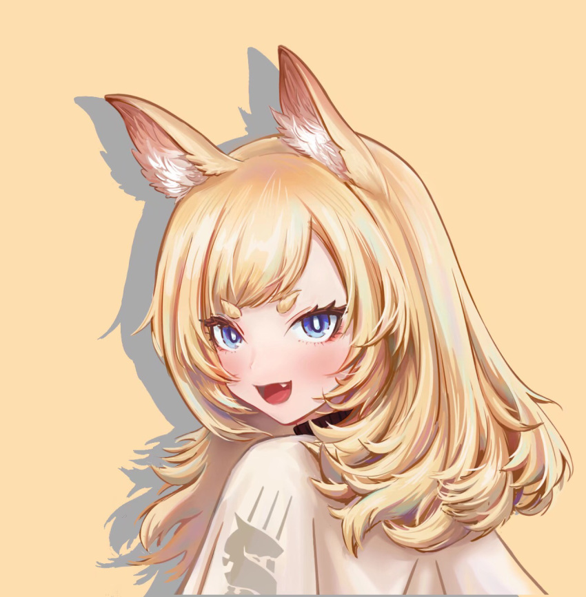 1girl :d animal_ear_fluff animal_ears arknights bangs blonde_hair blue_eyes cape commentary drop_shadow fang highres long_hair looking_at_viewer open_mouth simple_background smile solo takyou thick_eyebrows upper_body whislash_(arknights) white_cape yellow_background