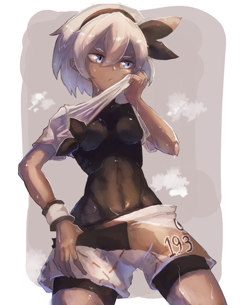 1girl absurdres bangs bea_(pokemon) black_bodysuit black_hairband blue_eyes bodysuit bodysuit_under_clothes bow_hairband breasts closed_mouth commentary dark_skin gym_leader hair_between_eyes hairband highres number pokemon pokemon_(game) pokemon_swsh print_shorts shiburingaru shiny shirt shirt_lift short_hair short_sleeves shorts shorts_tug side_slit side_slit_shorts solo steam sweat tied_shirt wiping_face