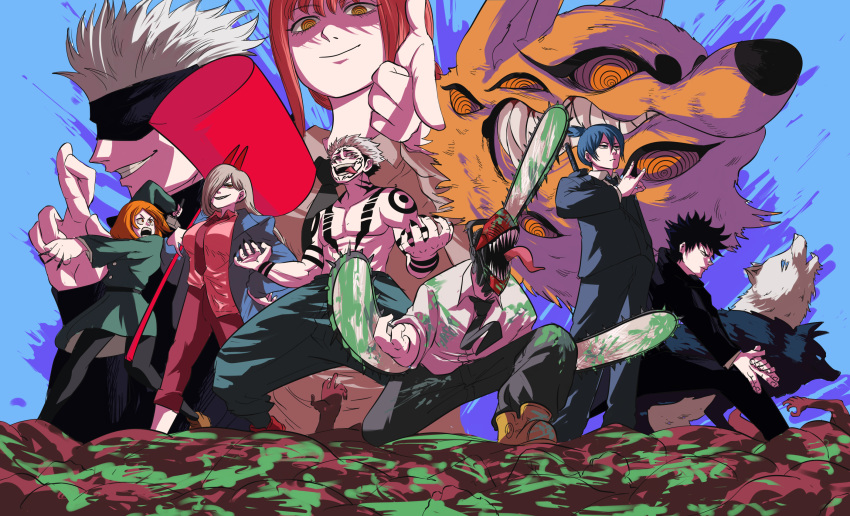 3girls 5boys ahegao baggy_pants bang bangs black_legwear black_nails black_pants black_skirt blonde_hair blood blood_on_ground bloody_weapon boots brown_hair business_suit chainsaw chainsaw_man collared_shirt crossover dark_persona demon demon_boy demon_girl demon_horns denji_(chainsaw_man) eye_mask fighting_stance finger_gun fingernails formal fox fushiguro_megumi gojou_satoru green_blood hammer hand_gesture hayakawa_aki_(chainsaw_man) highres holding holding_hammer holding_nail holding_weapon hood hoodie horns hybrid itadori_yuuji jujutsu_kaisen kneeling kugisaki_nobara light_smile long_hair looking_at_another looking_at_viewer makima_(chainsaw_man) multiple_boys multiple_girls nail open_mouth orange_hair pants pink_pants pink_shirt power_(chainsaw_man) red_horns ringed_eyes ryoumen_sukuna_(jujutsu_kaisen) school_uniform serious sharp_fingernails sharp_teeth shirt shirt_tucked_in shirtless skirt sleeves_rolled_up smile spiky_hair suit tattoo teeth tina_fate tongue tongue_out transformation very_long_hair weapon white_shirt yellow_eyes