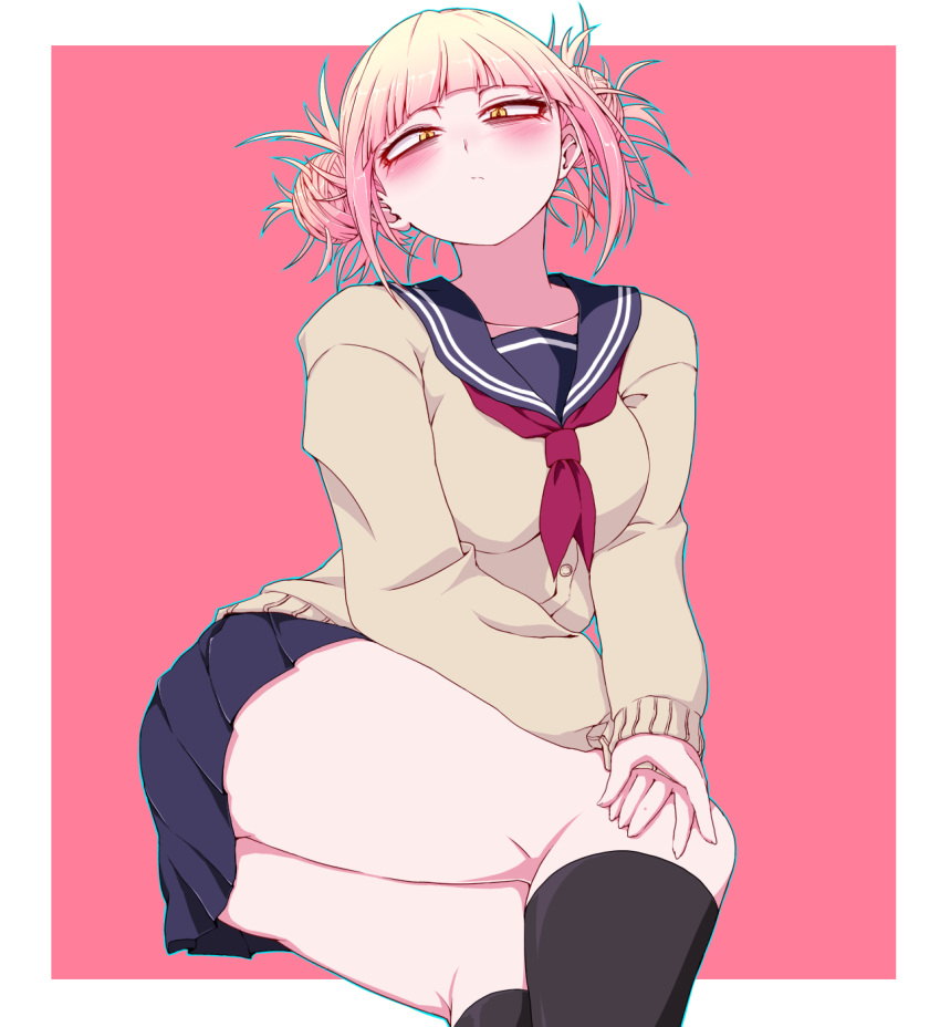 1girl black_sailor_collar black_skirt blonde_hair blush boku_no_hero_academia border cardigan double_bun highres kneehighs long_sleeves looking_at_viewer okumari pink_background red_neckwear sailor_collar school_uniform short_hair simple_background sitting skirt solo thighs toga_himiko white_border yellow_eyes