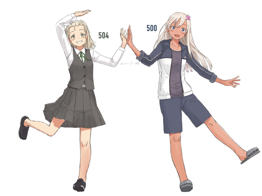 2girls alternate_costume bangs black_footwear blonde_hair blue_eyes blush character_name dated eyebrows_visible_through_hair flower full_body green_eyes green_neckwear grey_footwear grey_skirt grey_vest grin hair_flower hair_ornament hairband highres i-504_(kantai_collection) jacket kantai_collection kawashina_(momen_silicon) long_hair long_sleeves luigi_torelli_(kantai_collection) multiple_girls neck_ribbon open_mouth pleated_skirt ribbon ro-500_(kantai_collection) sandals shirt shoes short_hair shorts simple_background skirt smile sneakers standing standing_on_one_leg tan tanline vest white_background white_shirt