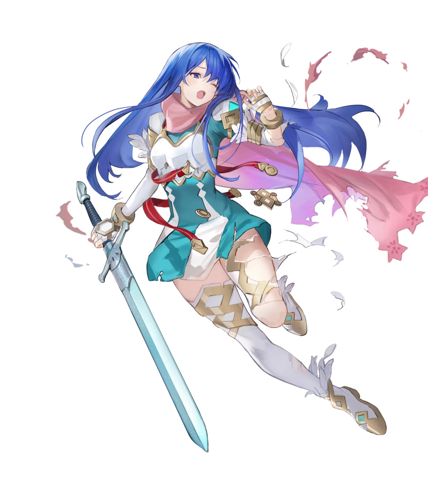 1girl ankle_boots armor bangs belt blue_eyes blue_hair boots breastplate caeda_(fire_emblem) cape closed_mouth dress elbow_gloves feather_trim fire_emblem fire_emblem:_mystery_of_the_emblem fire_emblem_heroes full_body gloves highres holding holding_sword holding_weapon long_hair looking_at_viewer multiple_belts official_art one_eye_closed open_mouth pink_cape short_dress shoulder_armor solo sword thigh-highs thighs torn_cape torn_clothes torn_legwear transparent_background weapon white_legwear zettai_ryouiki