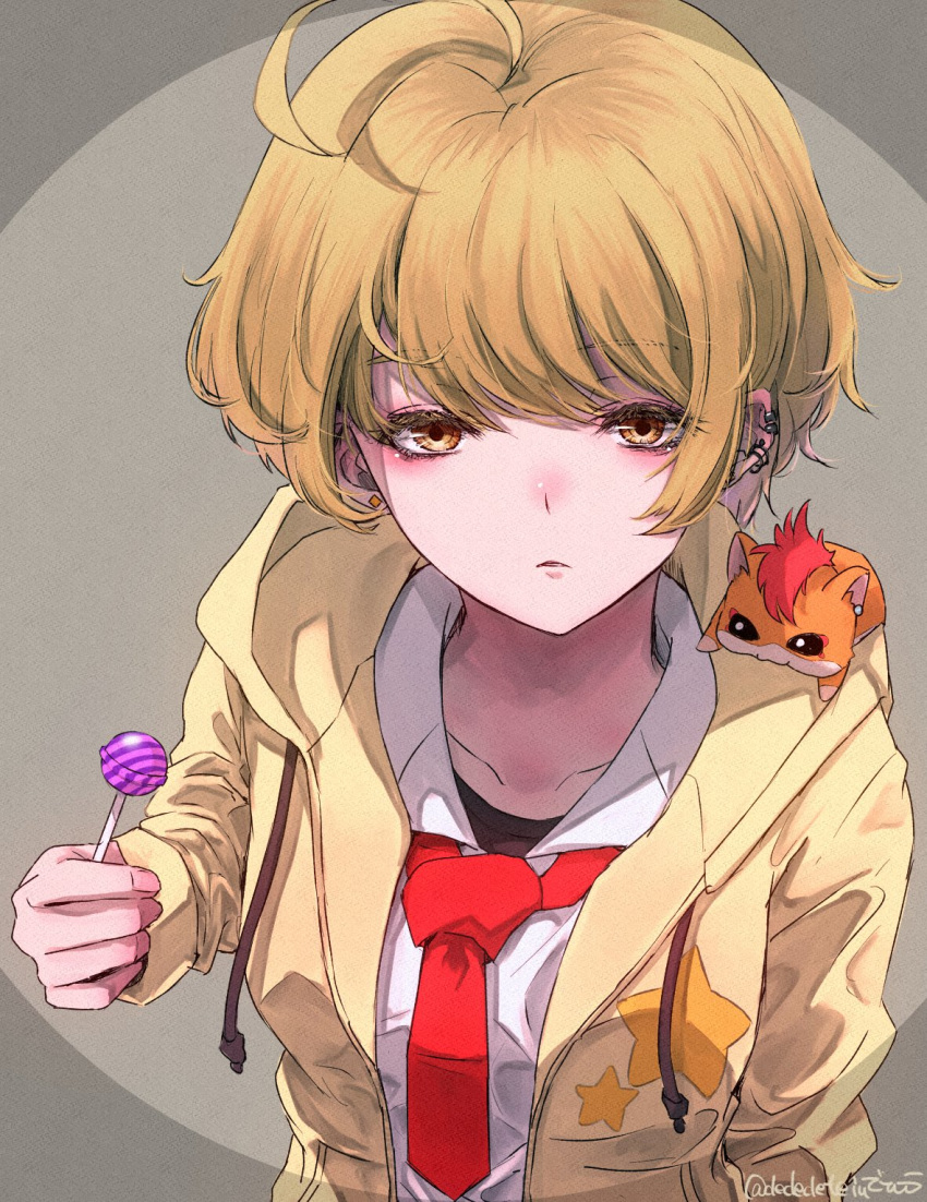 1girl :o ahoge animal_on_shoulder bangs blonde_hair bored candy chupa_chups close-up collarbone collared_shirt dededeteiu ear_piercing earrings eyebrows_visible_through_hair eyelashes food foreshortening from_above half-closed_eyes hamster harryham_harry highres holding holding_candy holding_food holding_lollipop hood hoodie hugtto!_precure jewelry kagayaki_homare l'avenir_academy_uniform lollipop looking_at_viewer looking_up loose_necktie necktie on_shoulder open_clothes open_hoodie open_mouth perspective piercing precure red_neckwear shirt short_hair twitter_username upper_body white_shirt yellow_eyes yellow_hoodie