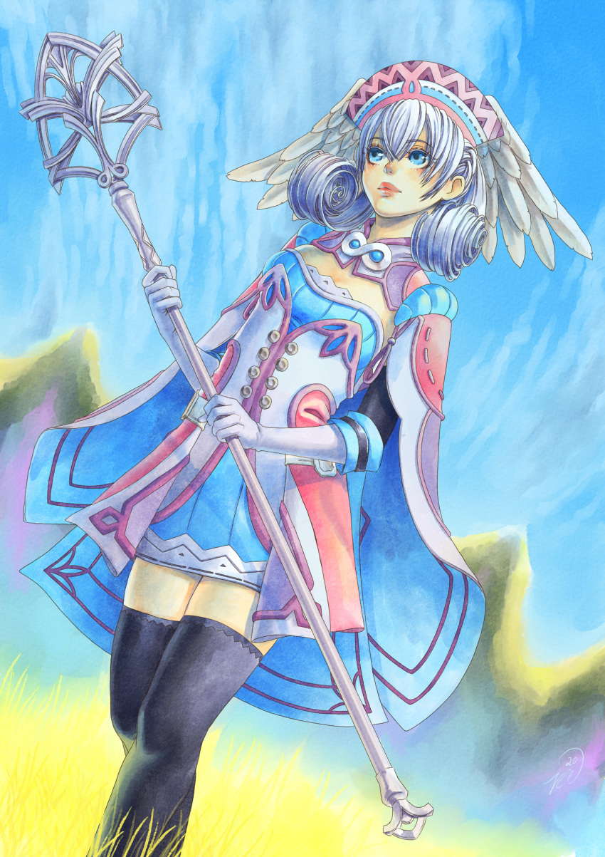 1girl black_legwear blue_eyes cape day dress feet_out_of_frame from_below gloves hat head_wings highres holding holding_staff lips melia_antiqua outdoors short_dress silver_hair sky solo staff standing thigh-highs vvbert white_gloves xenoblade_chronicles xenoblade_chronicles_(series)