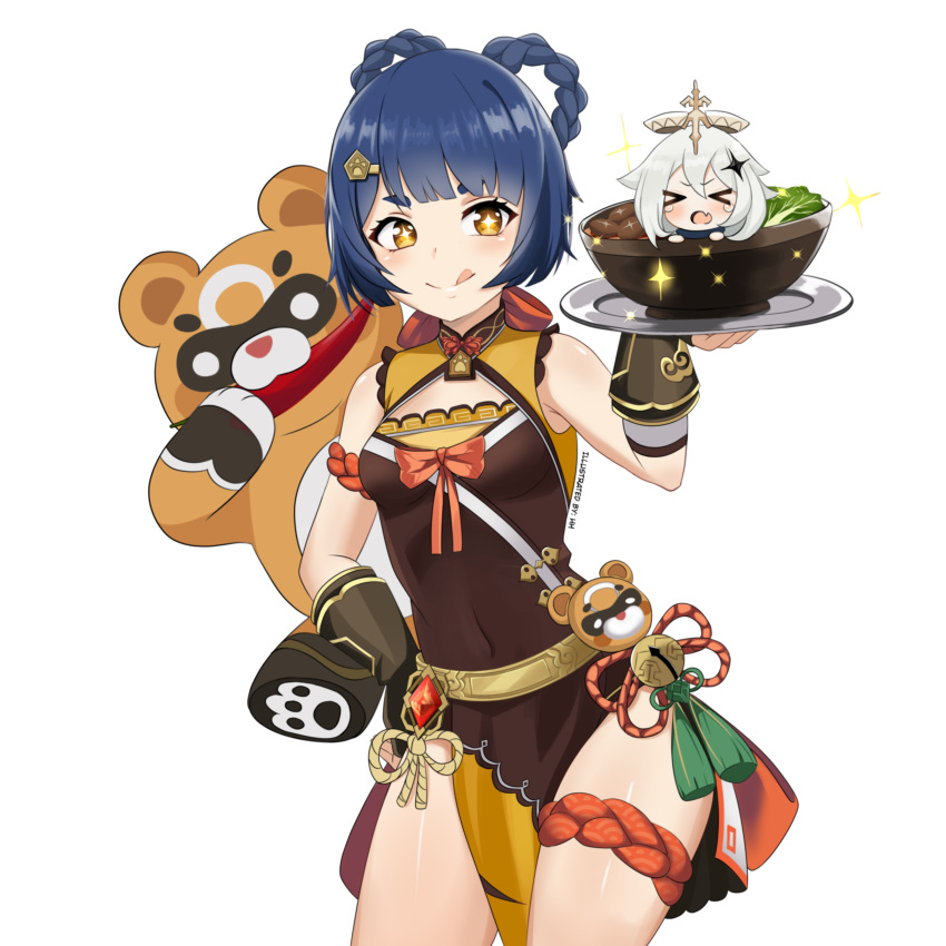 &gt;_&lt; 2girls :p absurdres blue_hair bowl braid chili_pepper china_dress chinese_clothes closed_eyes covered_navel dress food genshin_impact gouba_(genshin_impact) hh_101 highres licking_lips multiple_girls paimon_(genshin_impact) panda short_hair simple_background smile solo sparkling_eyes tears tongue tongue_out twin_braids white_background xiangling_(genshin_impact)