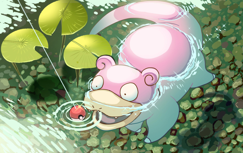commentary_request day fang fishing_line gaa_(mesimori_gaa) gen_1_pokemon glint lily_pad no_humans open_mouth outdoors partially_submerged poke_ball poke_ball_(basic) pokemon pokemon_(creature) ripples slowpoke solo swimming tongue water