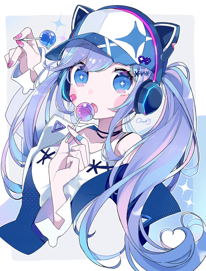 +_+ 1girl animal_ears arm_up bandaid bandaid_on_finger bangs baseball_cap blue_eyes blue_hair blue_jacket candy cat_ear_headphones cat_ears chon_(chon33v) commentary_request cropped_torso eyebrows_visible_through_hair fake_animal_ears food hair_between_eyes hair_ornament hand_up hat headphones highres holding holding_candy holding_food holding_lollipop jacket lollipop long_hair long_sleeves looking_at_viewer nail_polish open_clothes open_jacket original parted_lips purple_hair purple_nails shirt sleeves_past_wrists solo sparkle twintails upper_body very_long_hair white_headwear white_shirt x_hair_ornament