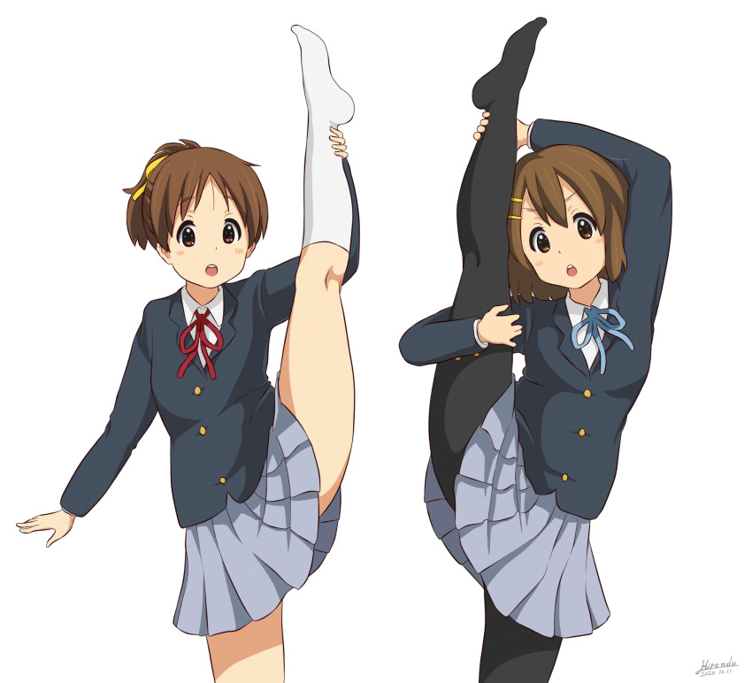 2girls bangs blue_ribbon blue_skirt blush brown_eyes brown_hair hair_ornament hair_ribbon hairpin highres hirasawa_ui hirasawa_yui hirondo k-on! leg_lift leg_up long_sleeves looking_at_viewer multiple_girls open_mouth pantyhose pleated_skirt ribbon sakuragaoka_high_school_uniform school_uniform short_hair simple_background skirt split standing standing_on_one_leg standing_split white_background