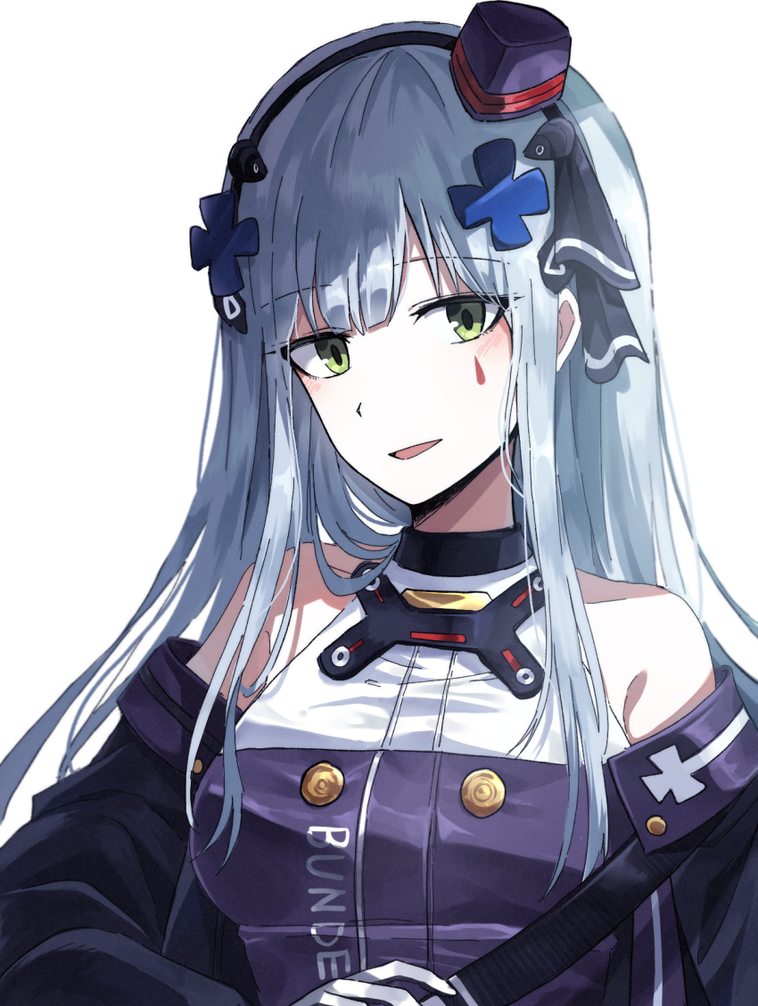 1girl bangs bare_shoulders beret blunt_bangs blush clothes_writing eyebrows_visible_through_hair facial_mark german_text girls_frontline gloves green_eyes hair_ornament hair_ribbon hat headgear highres hk416_(girls_frontline) jacket lix long_hair looking_at_viewer mini_hat mod3_(girls_frontline) open_mouth ribbon sidelocks silver_hair smile solo strap tactical_clothes teardrop_tattoo upper_body white_background white_gloves white_hair