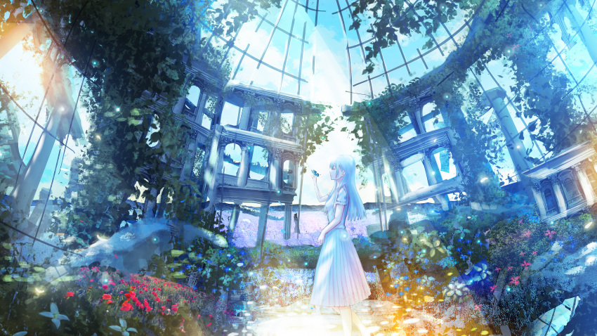 1girl absurdres architecture blue_hair bug butterfly closed_eyes creeper dome dress flower garden highres insect kenzo_093 original pillar ruins scenery sky solo standing sunlight white_dress
