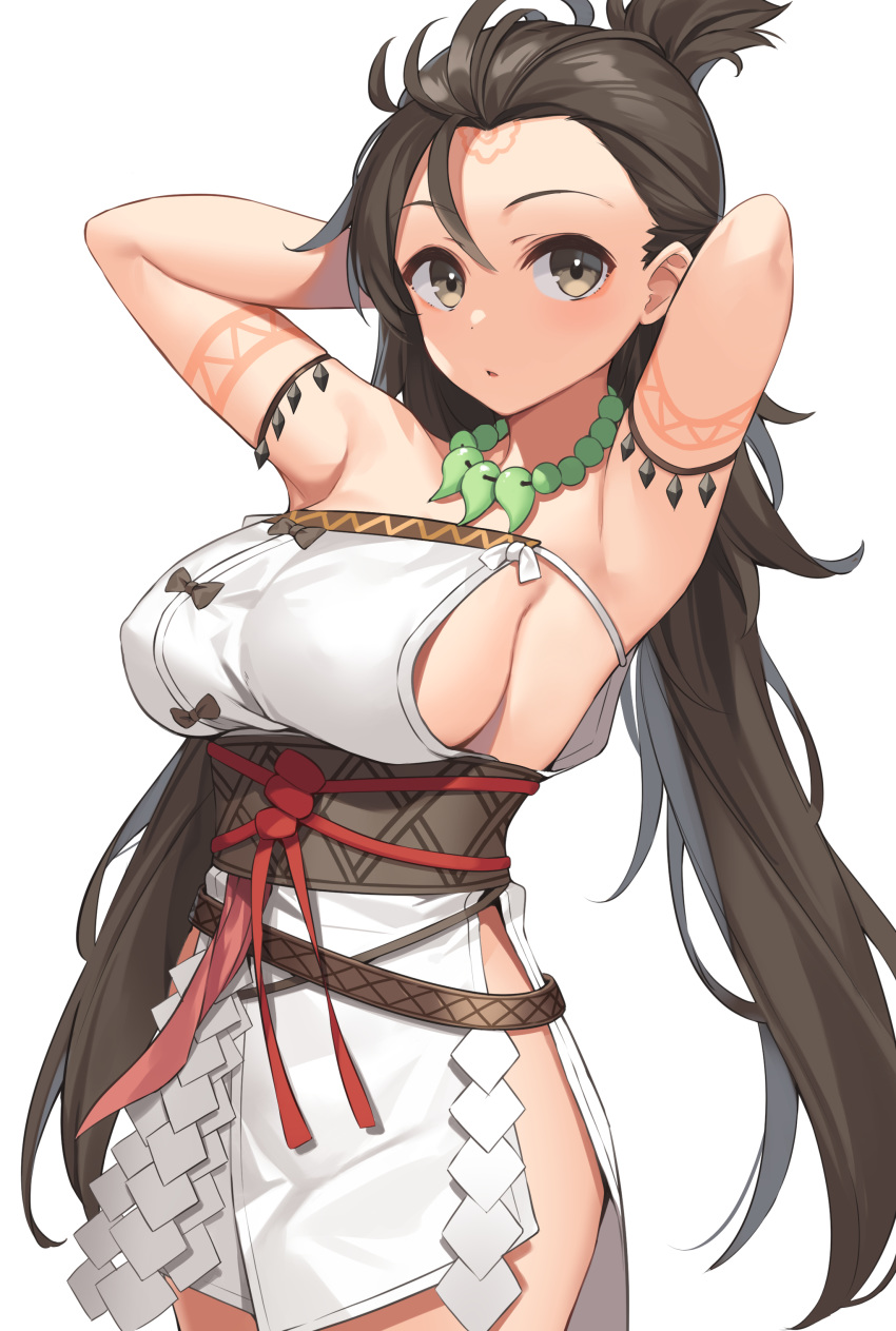 1girl absurdres armpits arms_behind_head bare_shoulders bead_necklace beads blush body_markings breasts facial_mark fate/grand_order fate_(series) forehead forehead_mark highres himiko_(fate) jewelry large_breasts long_hair looking_at_viewer magatama magatama_necklace necklace no_bra open_mouth sash side_slit sideboob simple_background suiroh_(shideoukami) topknot white_background