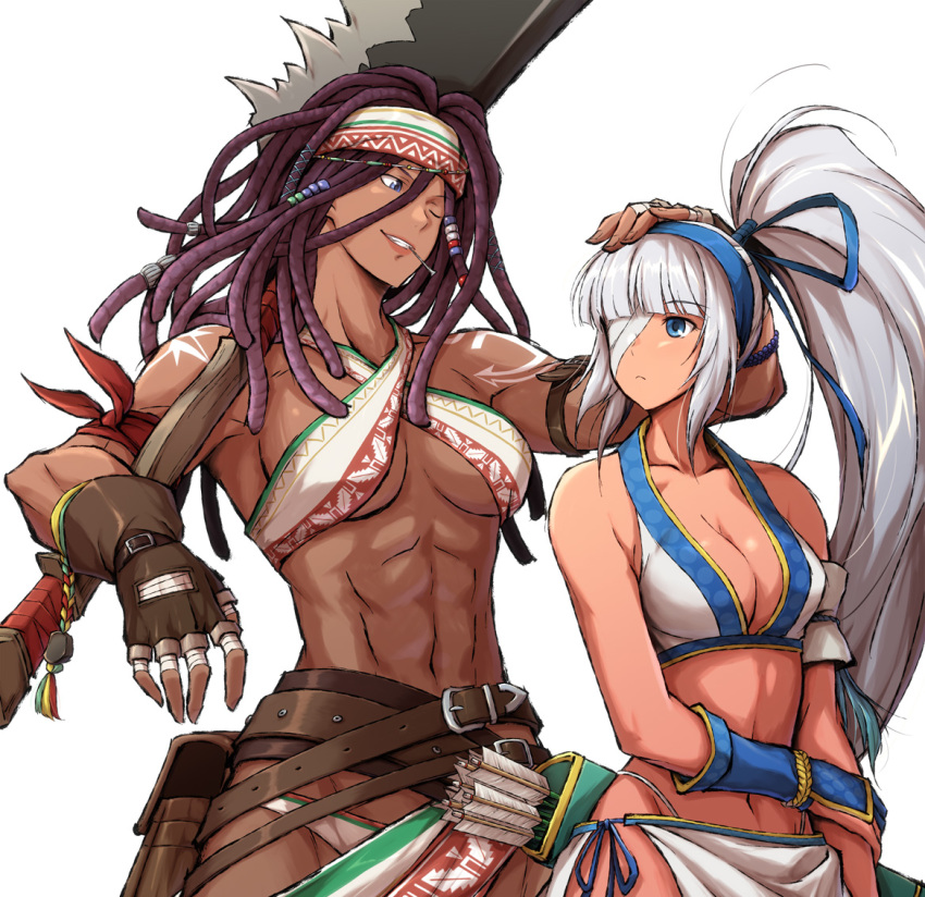 2girls abs anchor_tattoo arm_pouch bangs bow_(weapon) dark_skin darli_dagger eyepatch gloves hairlocs itouei majikina_mina multiple_girls muscle muscular_female ponytail quiver samurai_spirits sarong saw_cleaver side-tie_skirt simple_background tan tool_belt weapon white_hair white_sarong yuri