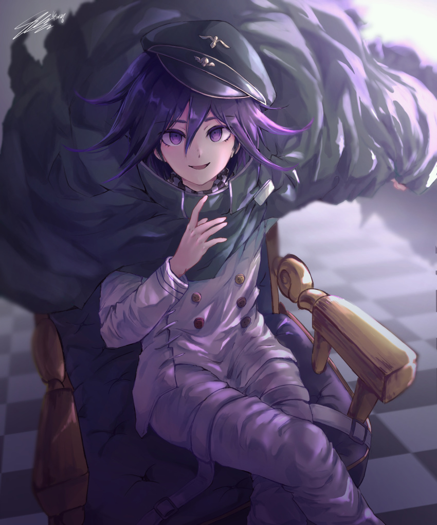1boy absurdres armchair bangs black_hair cape chair checkered checkered_background checkered_floor checkered_scarf commentary_request dangan_ronpa double-breasted feet_out_of_frame from_above hair_between_eyes hat highres jacket long_sleeves looking_at_viewer male_focus new_dangan_ronpa_v3 open_mouth ouma_kokichi pants parkmorang purple_hair scarf short_hair sitting smile solo straitjacket violet_eyes