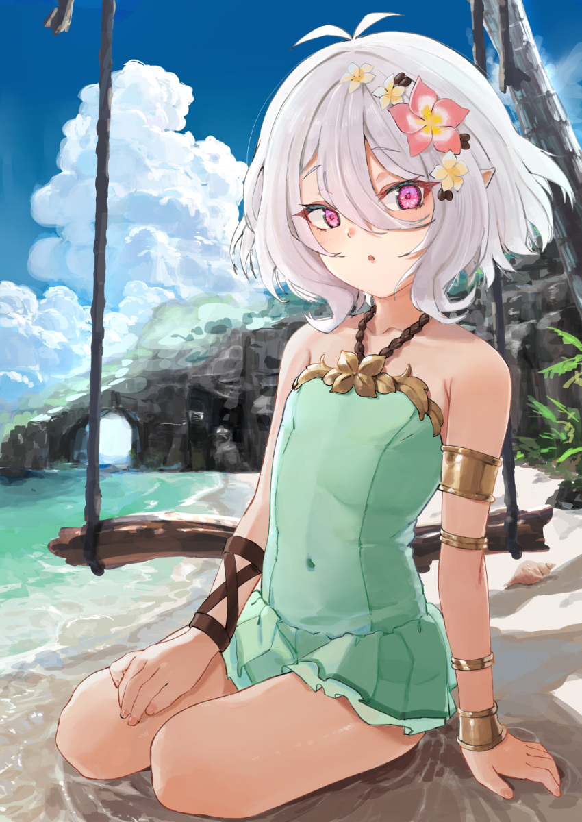 1girl aqua_swimsuit armlet bare_shoulders beach blue_sky blush bracelet chen_bingyou clouds covered_navel flat_chest flower hair_flower hair_ornament highres jewelry kokkoro_(princess_connect!) looking_at_viewer one-piece_swimsuit open_mouth outdoors pointy_ears princess_connect! princess_connect!_re:dive short_hair sky solo swimsuit swing violet_eyes