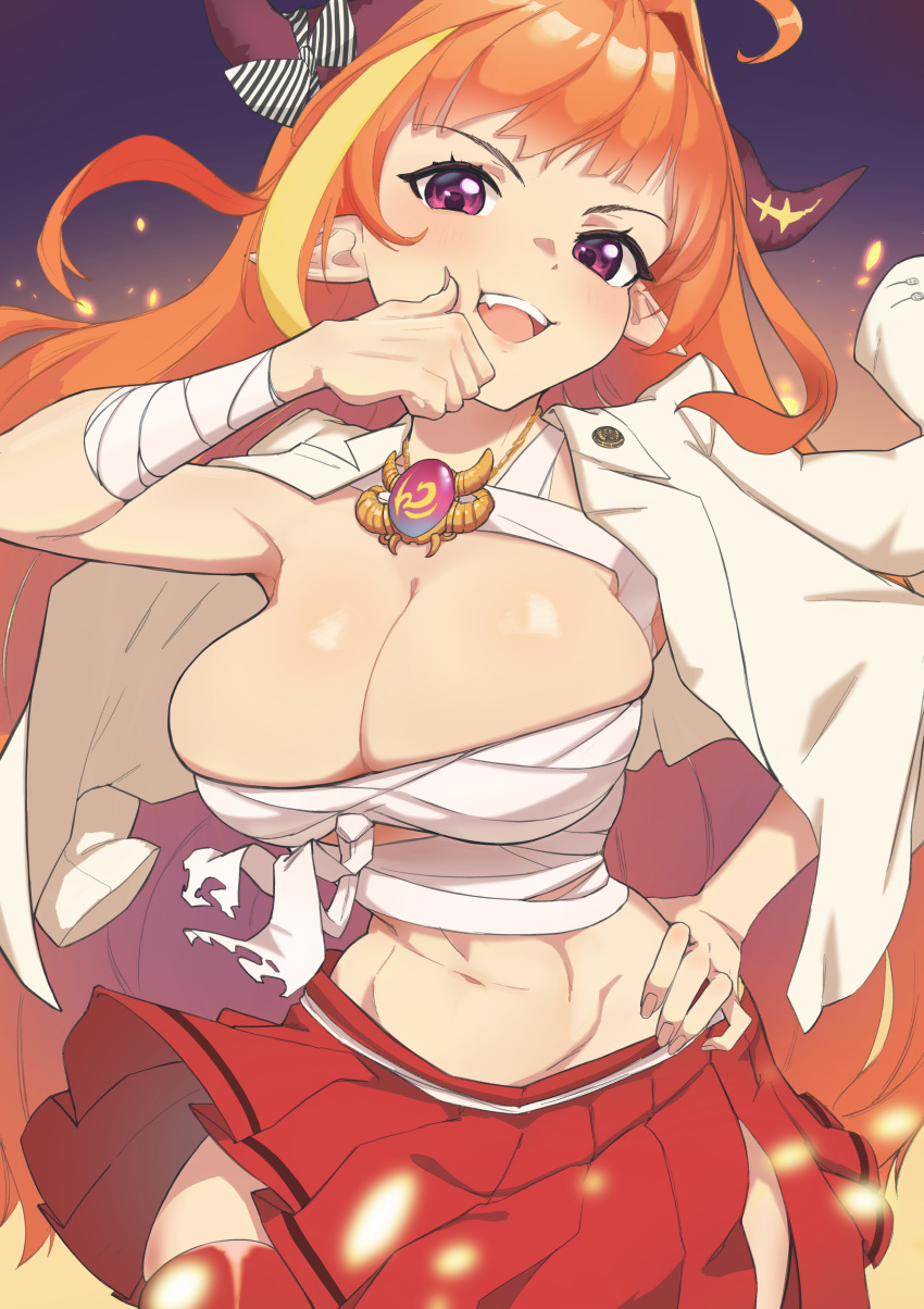 1girl absurdres bandaged_arm bandages bangs blonde_hair bow breasts dragon_girl dragon_horns embers emblem hand_on_hip highres hip_vent hololive horn_bow horns jacket jacket_on_shoulders kiryuu_coco large_breasts long_hair looking_at_viewer miniskirt navel open_mouth orange_hair pleated_skirt pointy_ears radioneet red_legwear red_skirt sarashi skirt smile solo thigh-highs violet_eyes virtual_youtuber white_jacket