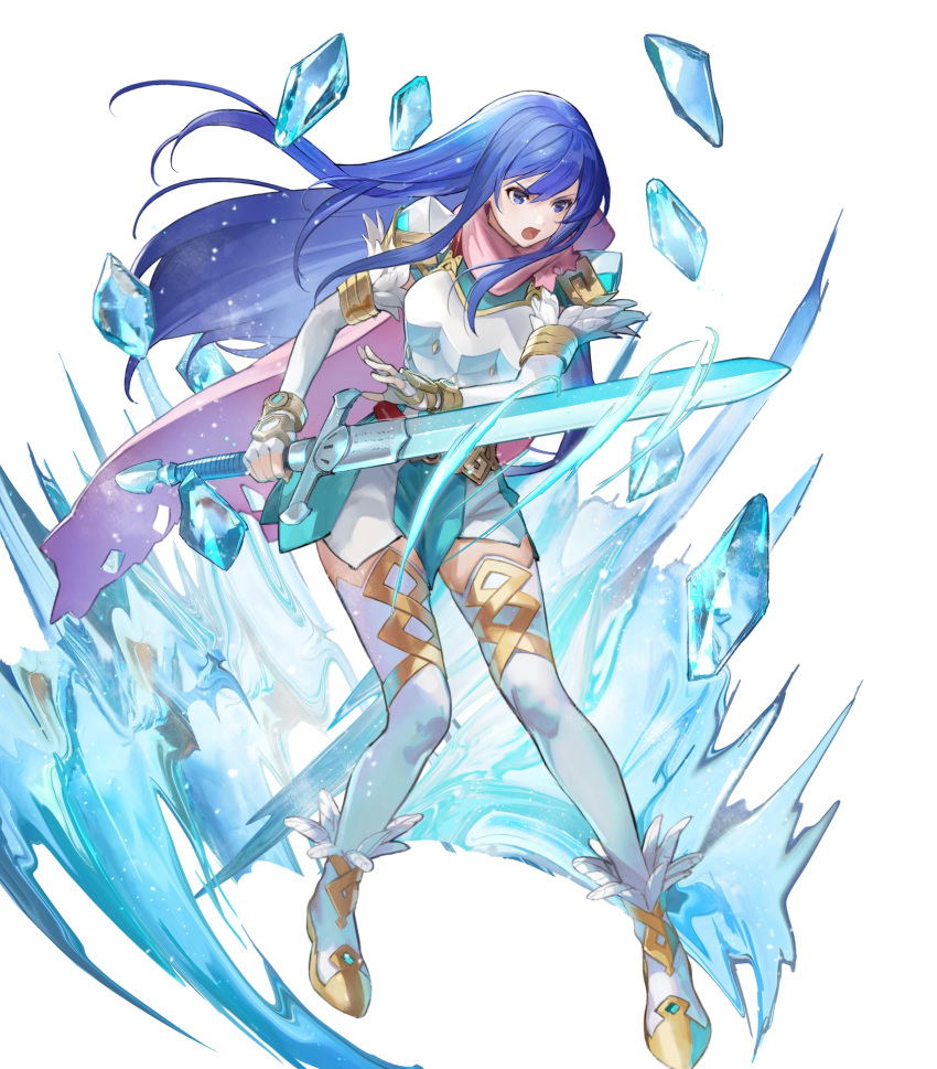 1girl ankle_boots armor bangs belt blue_eyes blue_hair boots breastplate caeda_(fire_emblem) cape closed_mouth dress elbow_gloves feather_trim fire_emblem fire_emblem:_mystery_of_the_emblem fire_emblem_heroes floating floating_object full_body gloves highres holding holding_sword holding_weapon ice long_hair looking_at_viewer looking_away multiple_belts official_art open_mouth pink_cape short_dress shoulder_armor solo sword thigh-highs transparent_background weapon white_legwear zettai_ryouiki