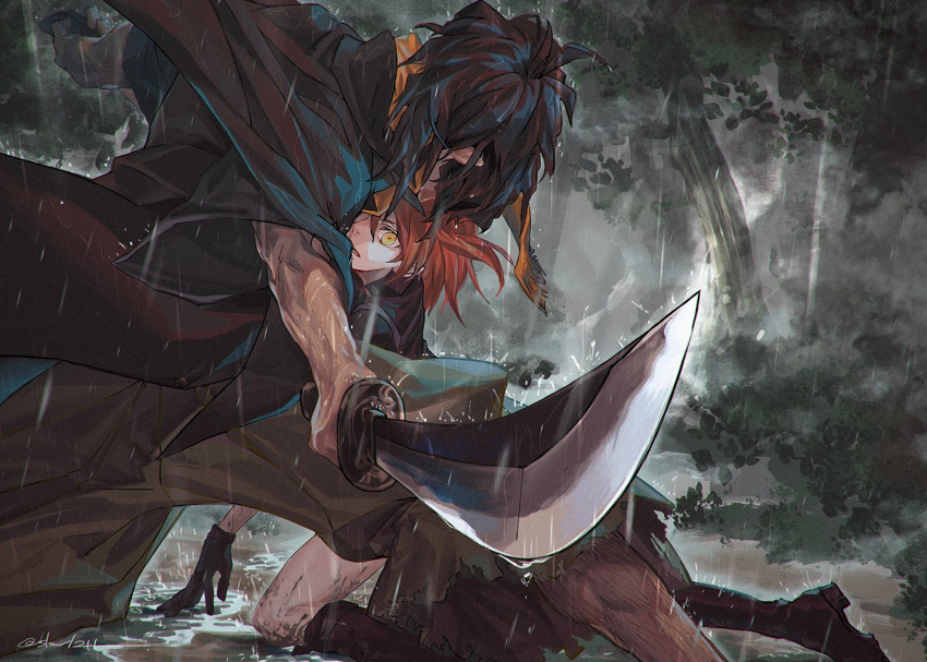 1boy 1girl black_gloves black_hair black_shirt boots brown_pants cape chaldea_uniform character_request clouds cloudy_sky commentary_request dark fate/grand_order fate_(series) foreshortening fujimaru_ritsuka_(female) gloves hairy high_heels holding holding_sword holding_weapon katana knee_boots male_focus messy mud okada_izou_(fate) on_ground outdoors pants rain redhead shirt short_hair short_sleeves signature sky slowl241 sword torn_clothes water weapon wet wet_clothes wet_hair yellow_eyes