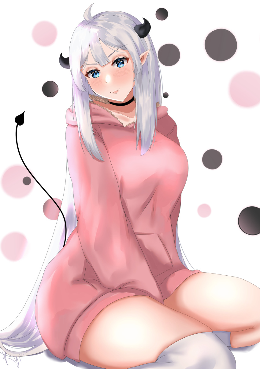 1girl absurdres blue_eyes demon_tail highres horns indie_virtual_youtuber kynnea looking_at_viewer pointy_ears solo tail thick_thighs thigh-highs thighs vei_(vtuber) virtual_youtuber white_hair
