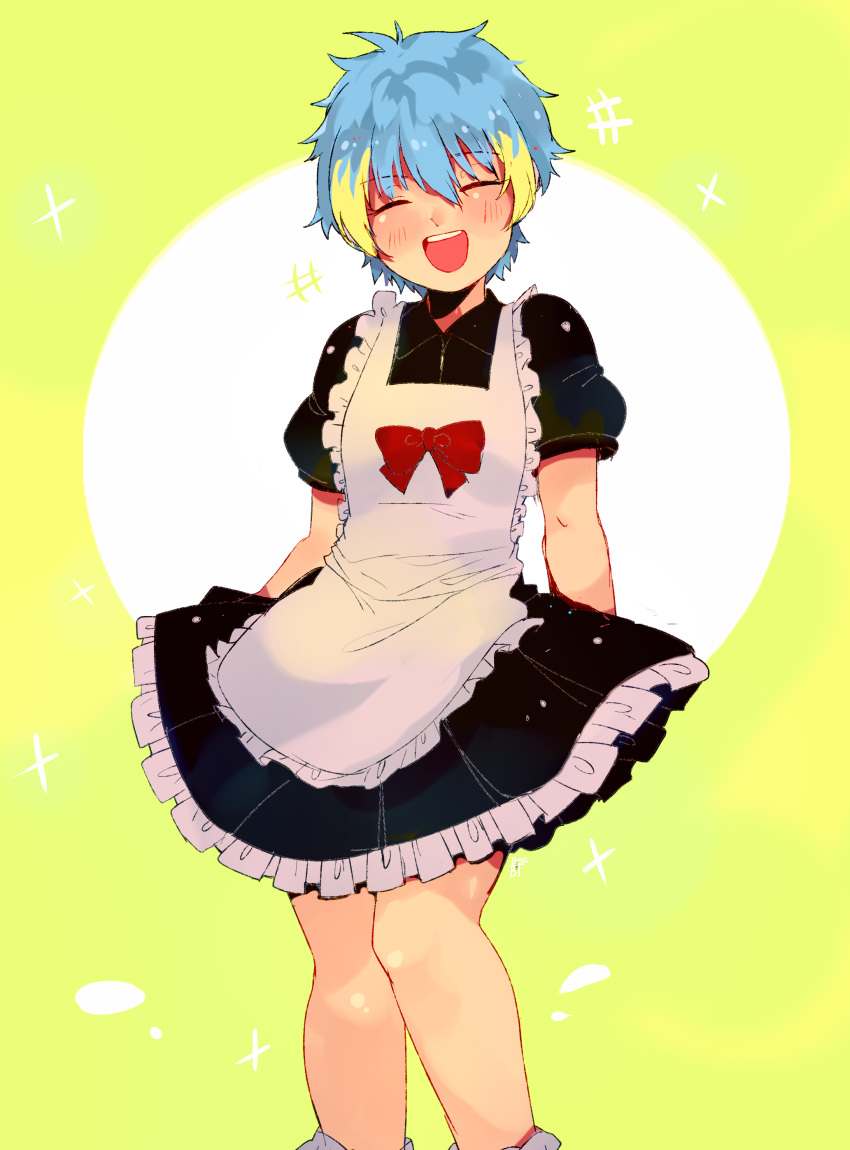 1girl :d absurdres apron benzbt black_skirt blonde_hair blue_hair bow facing_viewer hair_between_eyes highres laflora maid_apron multicolored_hair open_mouth red_bow short_hair short_sleeves simple_background skirt smile solo standing two-tone_hair