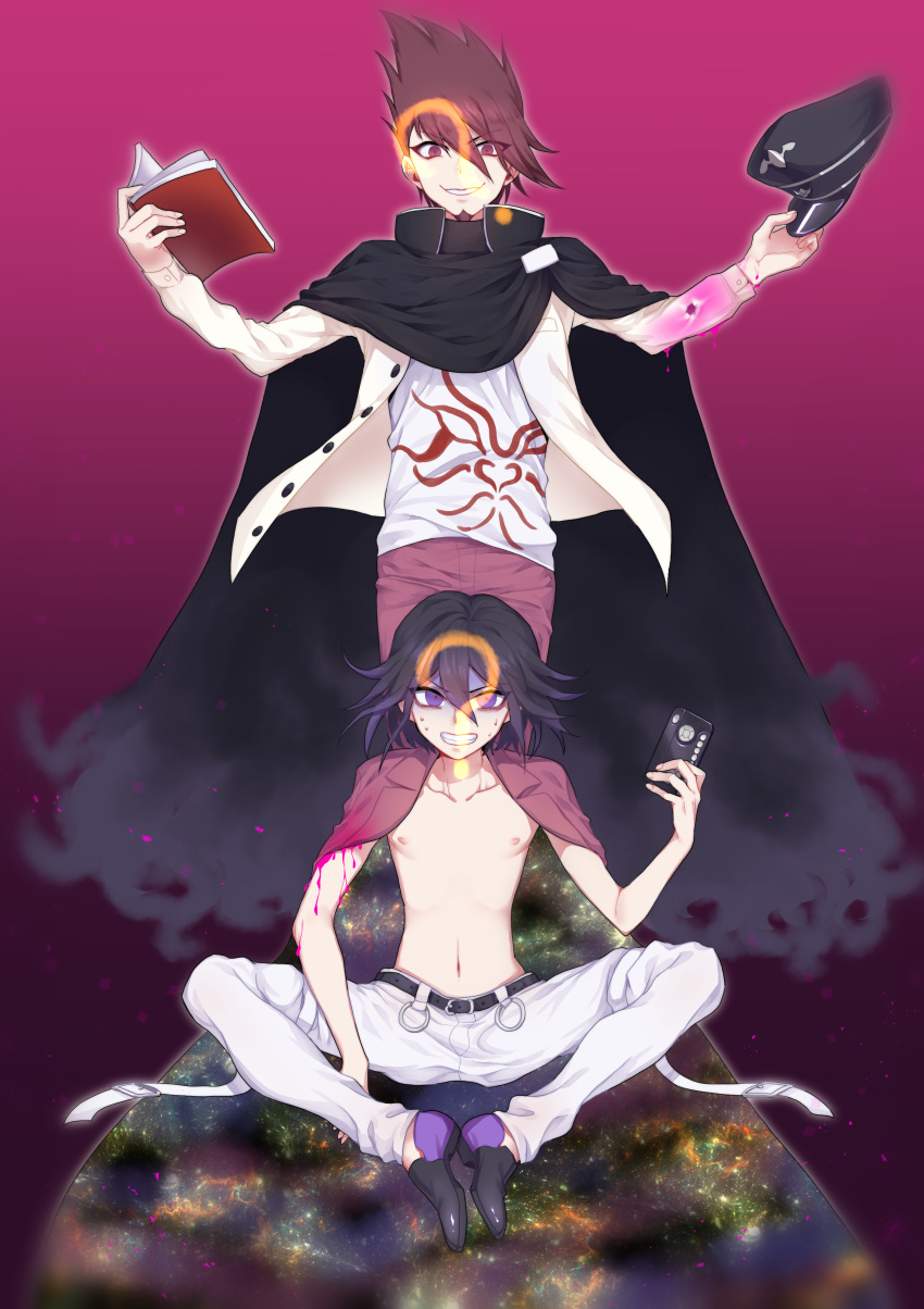 2boys ? absurdres beard belt black_belt black_cape black_footwear black_hair black_headwear blood book brown_hair cape cellphone collarbone commentary_request dangan_ronpa dangan_ronpa_1 facial_hair goatee grin hair_between_eyes hands_up hat hat_removed headwear_removed highres holding holding_book jacket jacket_on_shoulders knees_apart_feet_together long_sleeves looking_at_viewer male_focus momota_kaito multiple_boys nanin navel new_dangan_ronpa_v3 open_book open_clothes open_shirt ouma_kokichi pants peaked_cap phone pink_blood pink_jacket pink_pants purple_hair script shaded_face shirt shirtless short_hair sitting smile spiky_hair sweat violet_eyes white_pants white_shirt