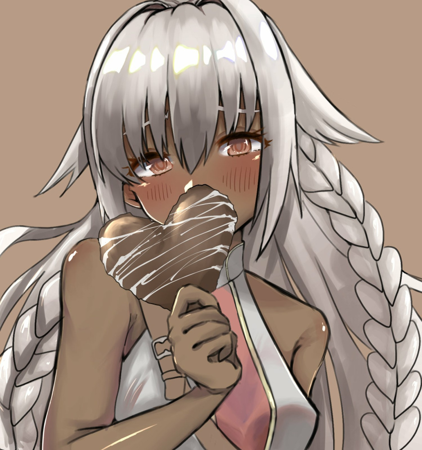 1girl bare_shoulders blush brown_background brown_eyes candy chocolate chocolate_heart dark_skin fate/grand_order fate_(series) food hair_between_eyes heart highres holding holding_candy holding_food lakshmibai_(fate/grand_order) long_hair looking_at_viewer side_braids simple_background solo upper_body very_long_hair white_hair yamada_(iroha97151188)