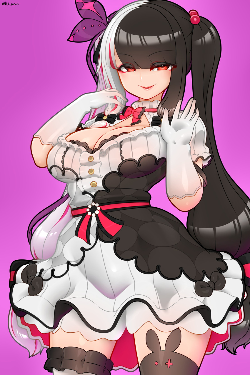 1girl absurdres bangs black_hair blunt_bangs breasts curvy eyebrows_visible_through_hair gloves haku_hakujou_daimaou hand_on_own_chest highres large_breasts multicolored_hair nijisanji red_eyes solo thigh-highs twintails two-tone_hair waving white_gloves white_hair yorumi_rena