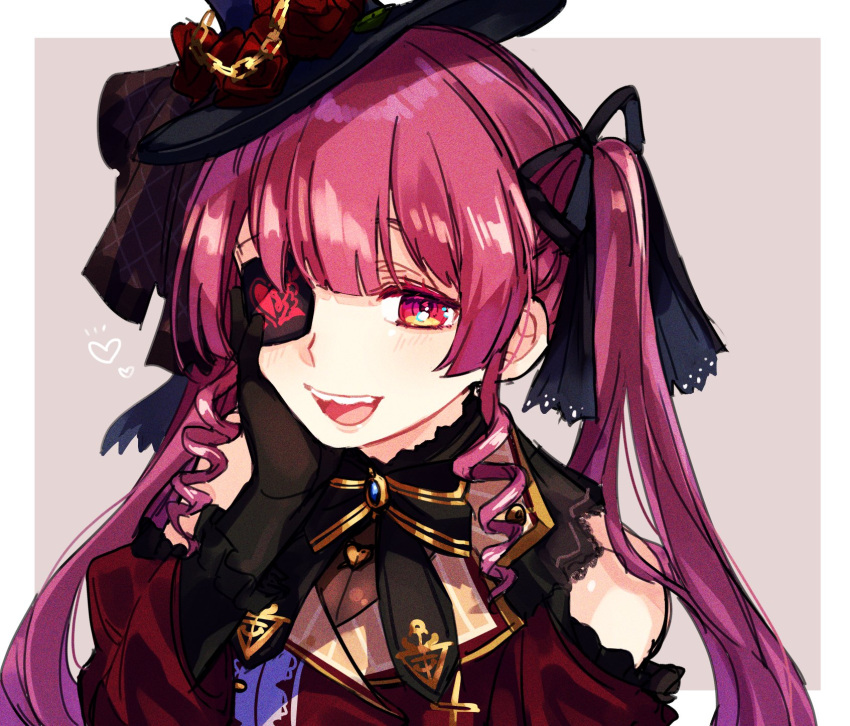 1girl :d bangs bare_shoulders black_gloves black_headwear black_neckwear black_ribbon blush border bow bowtie commentary_request earrings eyepatch gloves hair_between_eyes hair_ribbon hand_on_own_cheek hat heart highres hololive houshou_marine jewelry long_hair long_sleeves looking_at_viewer mini_hat nitumaruta official_alternate_costume open_mouth outside_border pink_hair portrait red_eyes ribbon ringlets simple_background smile solo twintails upper_teeth virtual_youtuber white_border