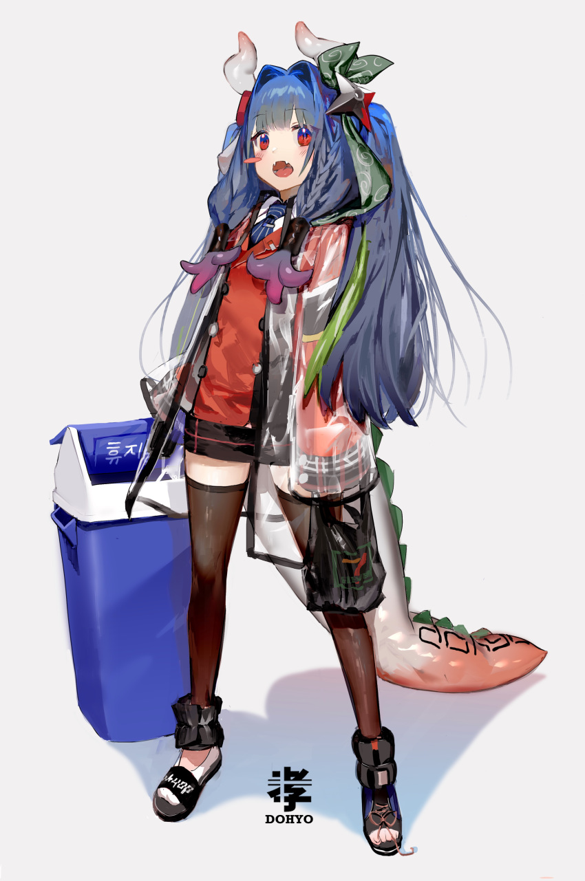 1girl absurdres asymmetrical_footwear bag black_legwear blue_hair blue_neckwear blush braid dohyo123123 double-breasted dragon_horns dragon_tail full_body highres horns long_hair necktie open_mouth original plastic_bag red_eyes see-through_jacket shuriken_hair_ornament solo tail thigh-highs