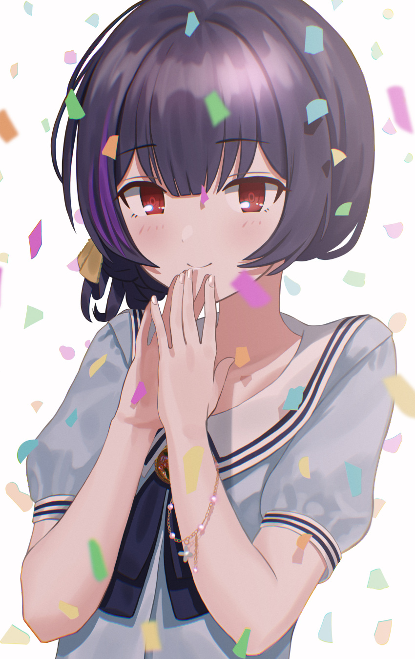 1girl absurdres andoplus bangs black_bow black_hair blush bow bracelet brown_ribbon closed_mouth commentary_request confetti eyebrows_visible_through_hair fingernails grey_shirt hair_between_eyes hair_ribbon hands_up highres idolmaster idolmaster_shiny_colors jewelry looking_at_viewer morino_rinze multicolored_hair puffy_short_sleeves puffy_sleeves purple_hair red_eyes ribbon sailor_collar shirt short_sleeves simple_background smile solo steepled_fingers streaked_hair white_background white_sailor_collar