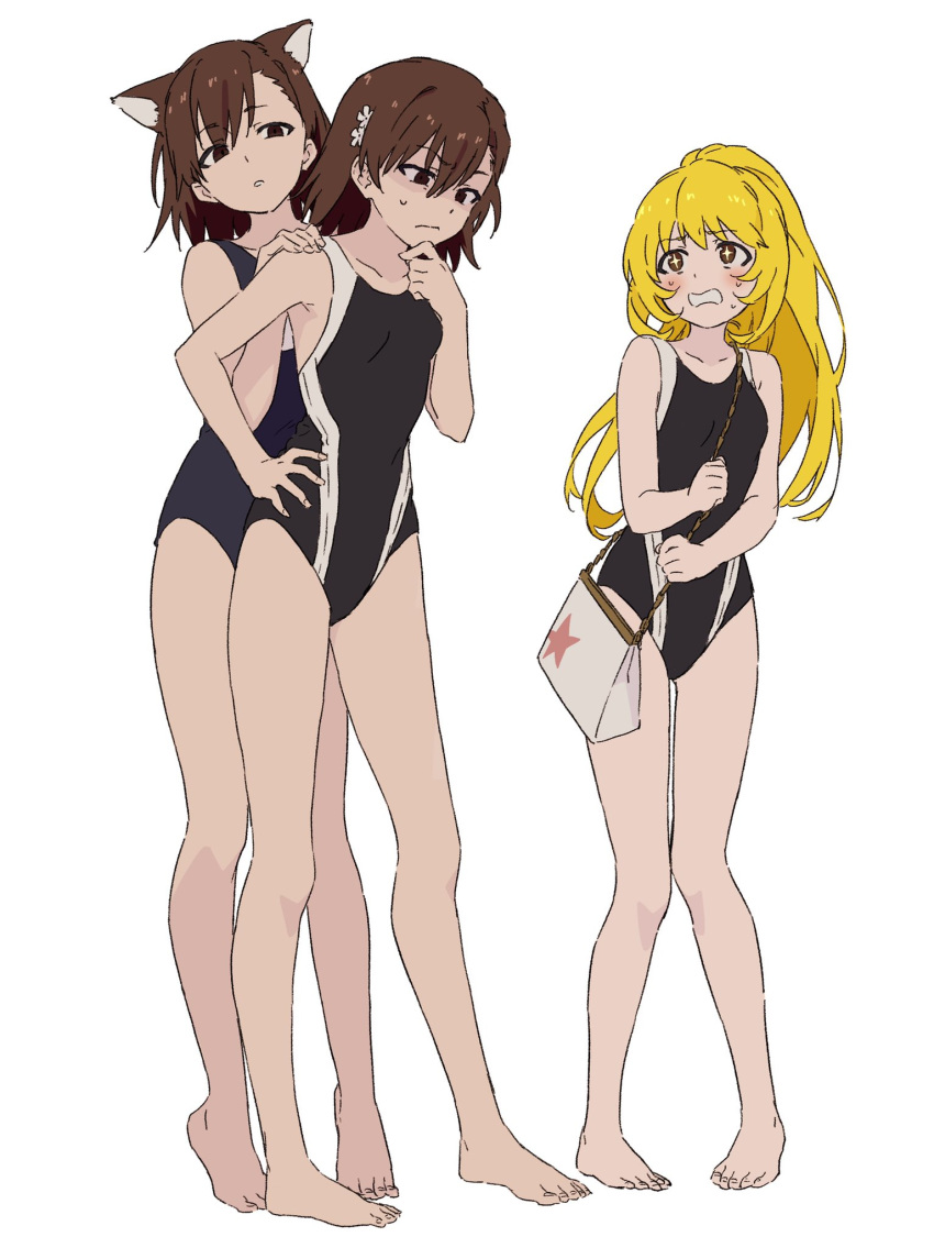 +_+ 3girls animal_ears bag barefoot blonde_hair blush brown_eyes brown_hair cat_ears character_request collarbone commentary_request flower hair_flower hair_ornament hand_on_own_chin highres holding holding_bag looking_to_the_side misaka_mikoto multiple_girls one-piece_swimsuit shokuhou_misaki simple_background sweat swimsuit teruya_(6w6y) to_aru_kagaku_no_railgun to_aru_majutsu_no_index