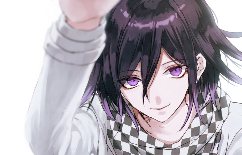 1boy bangs black_hair blurry blurry_foreground checkered checkered_scarf closed_mouth collarbone commentary_request dangan_ronpa depth_of_field eyebrows face hair_between_eyes highres jacket long_sleeves looking_at_viewer male_focus new_dangan_ronpa_v3 ouma_kokichi purple_hair sakuyu scarf simple_background smile solo straitjacket upper_body violet_eyes white_background white_jacket