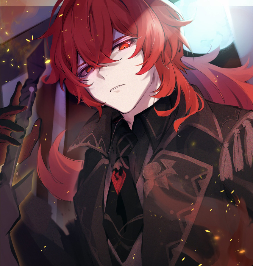 1boy antenna_hair bangs bear_nyanm black_gloves coat commentary_request diluc_(genshin_impact) frown genshin_impact gloves hair_between_eyes highres long_hair looking_at_viewer looking_down male_focus necktie parted_lips red_eyes redhead solo upper_body