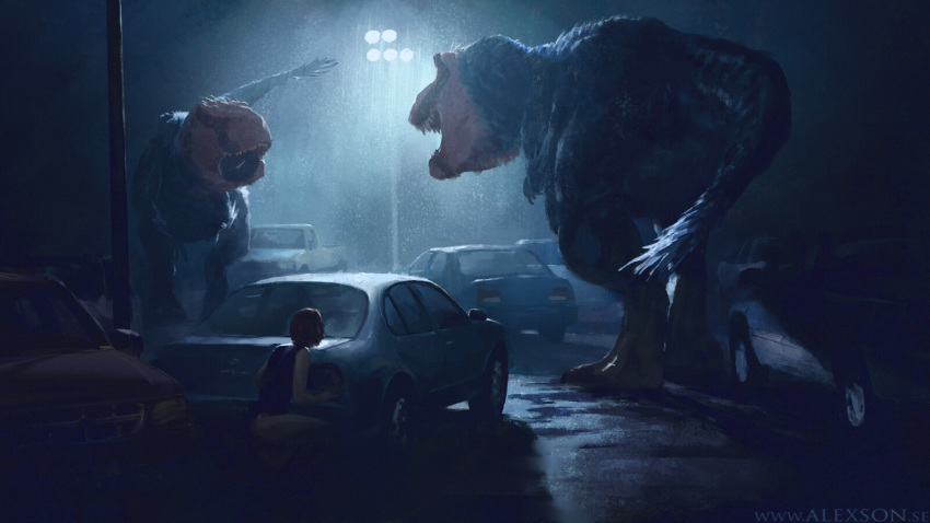 1girl alexander_forssberg car dino_crisis dinosaur ground_vehicle hiding highres lamppost looking_at_another motor_vehicle night outdoors size_difference squatting