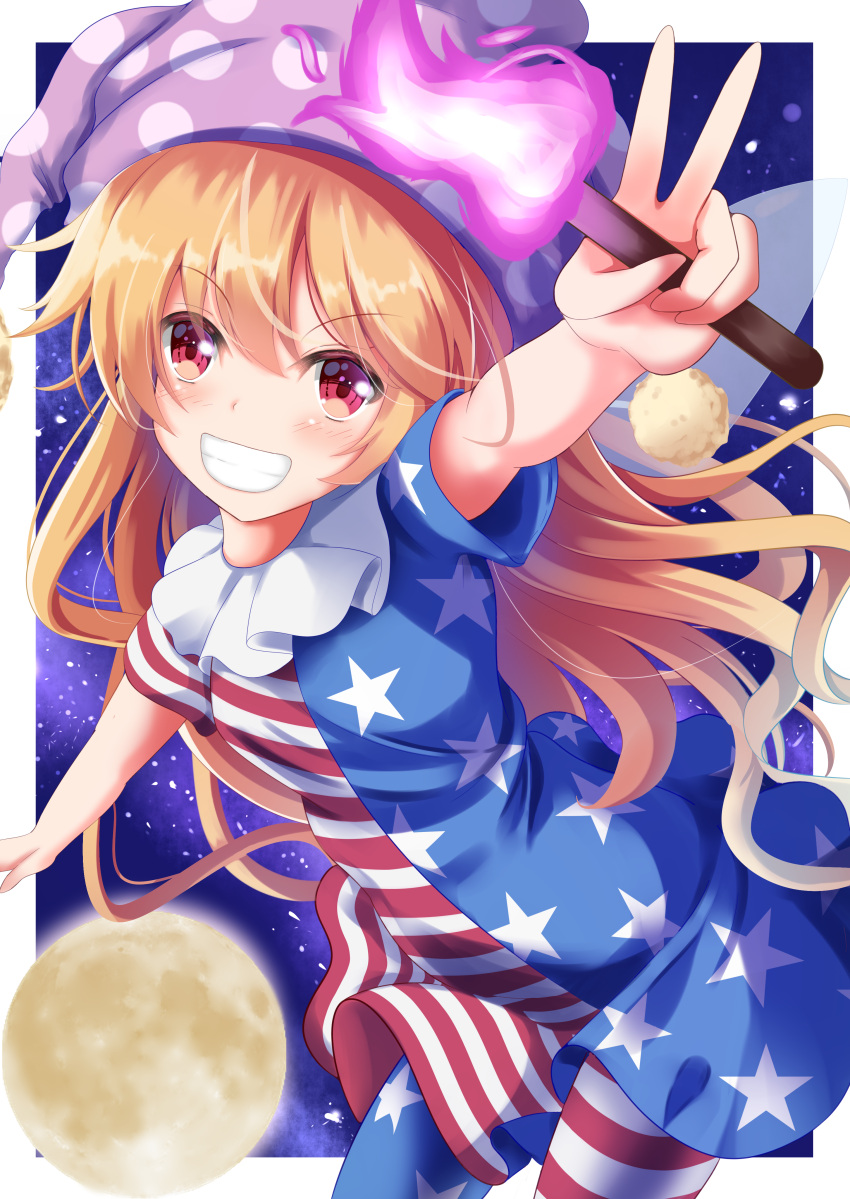 1girl absurdres american_flag_dress american_flag_legwear arm_up blonde_hair clownpiece commentary_request cowboy_shot eyebrows_visible_through_hair fairy_wings full_moon grin hat highres holding holding_torch jester_cap leaning_forward light_blush long_hair looking_at_viewer moon neck_ruff polka_dot_headwear purple_headwear red_eyes sky smile solo standing star_(sky) starry_sky torch touhou unory v very_long_hair wings