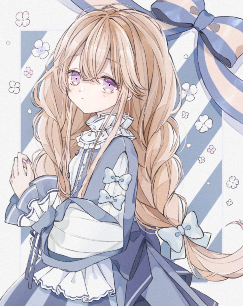 1girl blue_bow blue_dress bow braid dress hair_bow highres long_hair long_sleeves looking_at_viewer low-tied_long_hair original puffy_long_sleeves puffy_sleeves simple_background solo standing striped striped_background twin_braids violet_eyes yuni_0205
