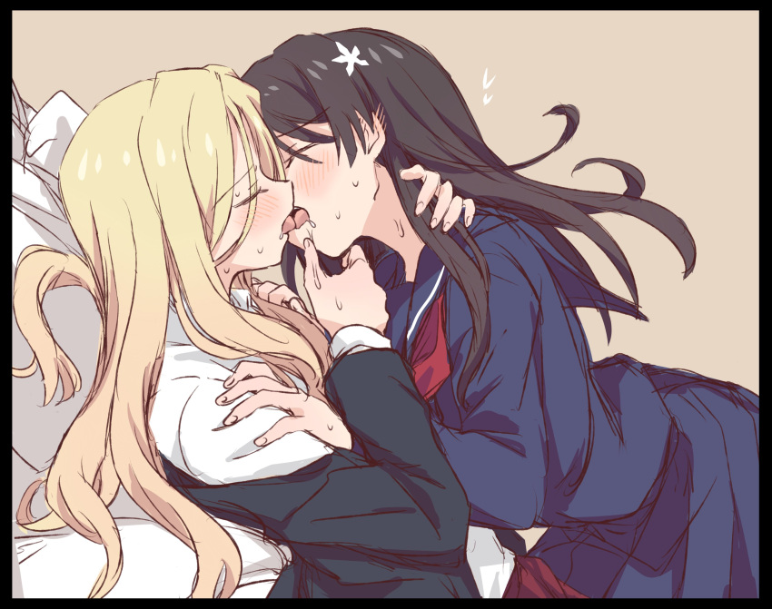 2girls absurdres black_border black_hair black_jacket black_serafuku black_skirt blonde_hair blush border closed_eyes commentary_request ear_blush eyebrows_visible_through_hair eyes_visible_through_hair french_kiss frenda_seivelun hand_on_another's_chin hand_on_another's_neck hands_on_another's_shoulders highres jacket kiss long_hair miiii multiple_girls off_shoulder red_neckwear sakugawa_school_uniform saliva saten_ruiko school_uniform serafuku shirt sketch skirt sweat to_aru_kagaku_no_railgun to_aru_majutsu_no_index tongue white_shirt yuri