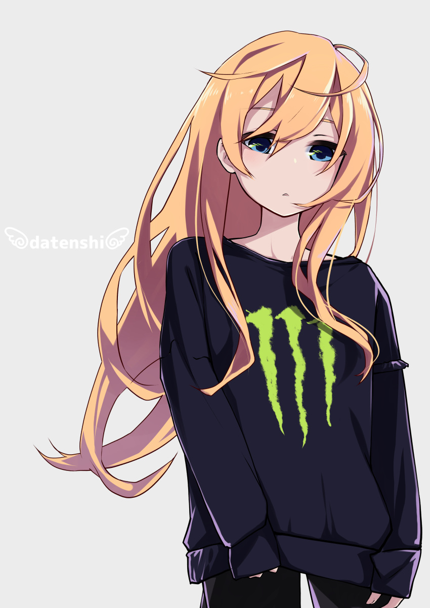 1girl absurdres alternate_costume black_pants black_sweater blonde_hair blue_eyes blush casual cowboy_shot expressionless gabriel_dropout hair_between_eyes highres long_hair long_sleeves looking_at_viewer monster_energy pants parted_lips product_placement sazanka solo sweater tenma_gabriel_white very_long_hair