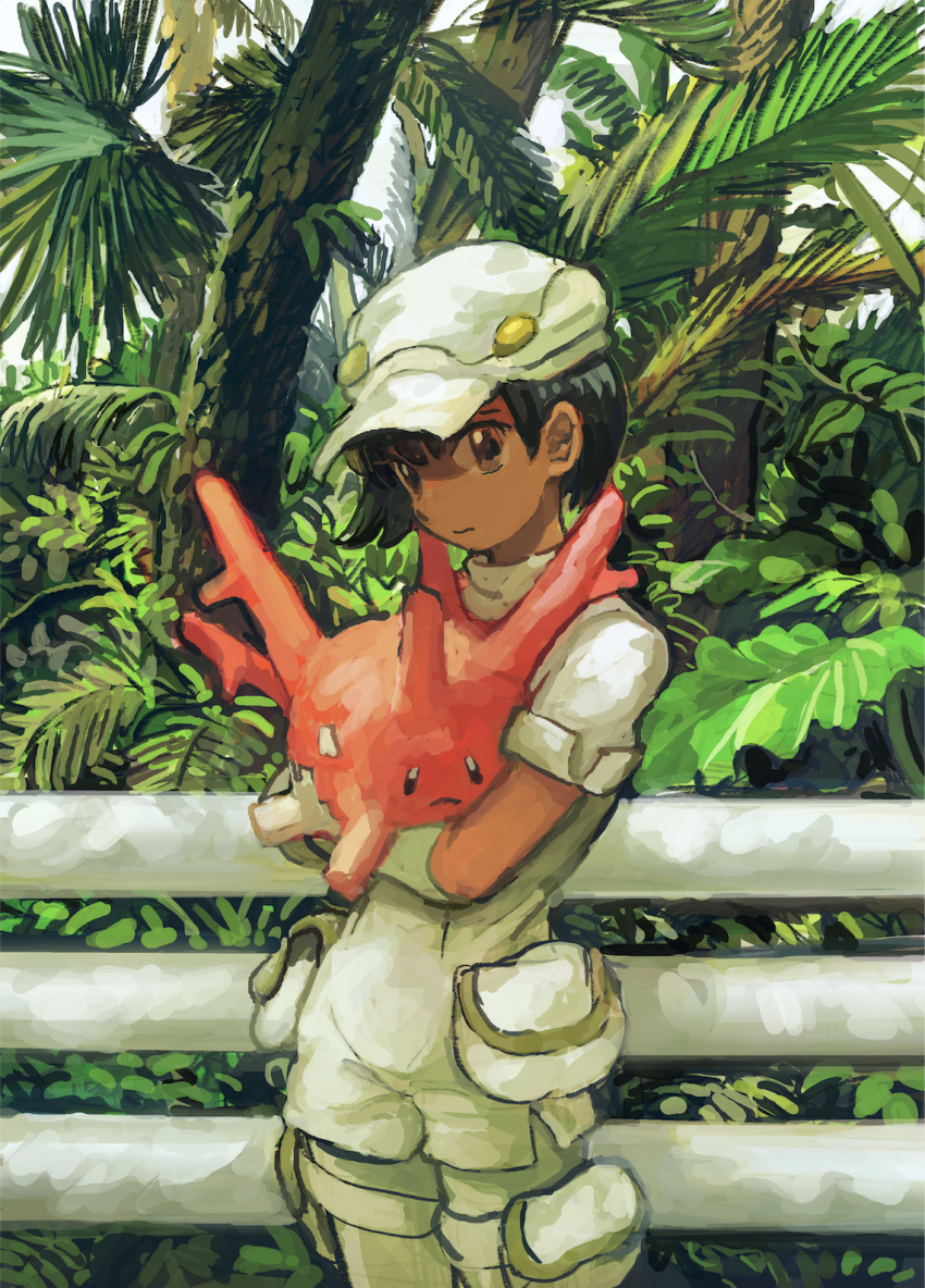 1girl aether_foundation_employee bangs black_hair brown_eyes closed_mouth commentary_request corsola dark_skin eyelashes fence foliage gen_2_pokemon gloves hat highres holding holding_pokemon looking_to_the_side minahamu palm_tree pokemon pokemon_(creature) pokemon_(game) pokemon_sm short_hair short_sleeves tree white_gloves white_headwear