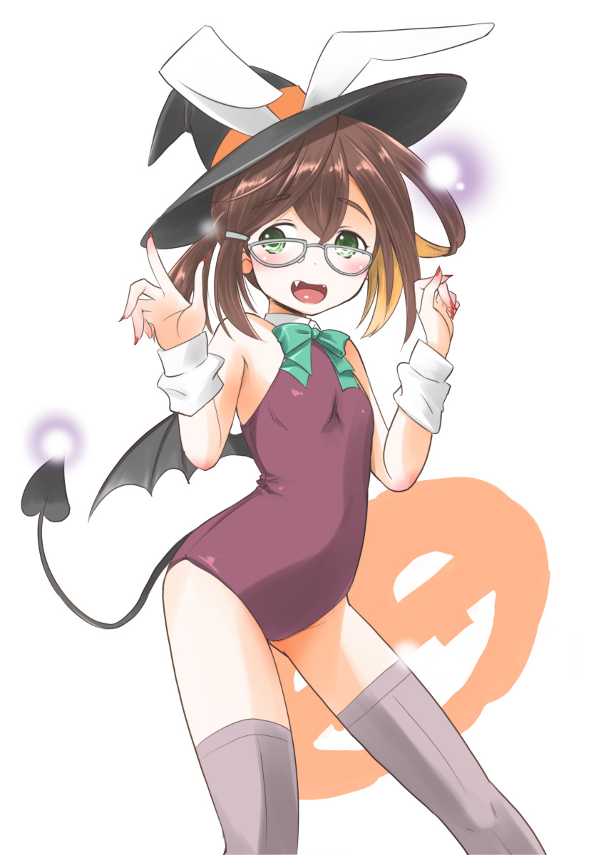 1girl absurdres animal_ears bat_wings black_hair black_headwear brown_leotard commentary_request demon_tail demon_wings fangs flat_chest glasses green_eyes green_neckwear grey_legwear hat highres kantai_collection leotard looking_at_viewer multicolored_hair okinami_(kantai_collection) pink_hair rabbit_ears short_hair silver-framed_eyewear solo standing tail taisinkoku thigh-highs turtleneck_leotard white_background wings witch_hat