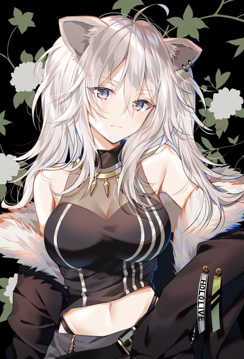 1girl ahoge animal_ears bare_shoulders blush breasts earrings eyebrows_visible_through_hair fur-trimmed_jacket fur_trim grey_eyes grey_hair hair_between_eyes hand_on_hip highres hololive jacket jewelry large_breasts lion_ears lion_girl long_hair looking_at_viewer midriff myusha necklace shirt shishiro_botan skirt sleeveless sleeveless_shirt solo virtual_youtuber