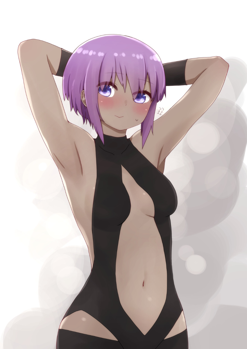 1girl armpits arms_behind_head arms_up bangs bare_shoulders black_bodysuit blush bodysuit breasts center_opening closed_mouth commentary_request dark_skin eyebrows_visible_through_hair fate/prototype fate/prototype:_fragments_of_blue_and_silver fate_(series) flying_sweatdrops hair_between_eyes hassan_of_serenity_(fate) highres i.u.y looking_at_viewer navel purple_hair short_hair small_breasts solo sweat violet_eyes white_background