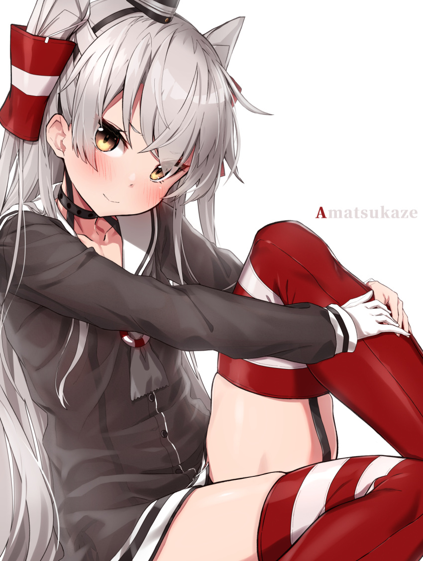 1girl amatsukaze_(kantai_collection) black_dress blush brown_eyes character_name closed_mouth collarbone dress eyebrows_visible_through_hair gloves hair_between_eyes hair_tubes highres kantai_collection long_hair long_sleeves red_legwear sailor_collar sailor_dress silver_hair simple_background single_glove solo takanashi_kei_(hitsujikan) thigh-highs two_side_up white_background white_gloves white_sailor_collar windsock