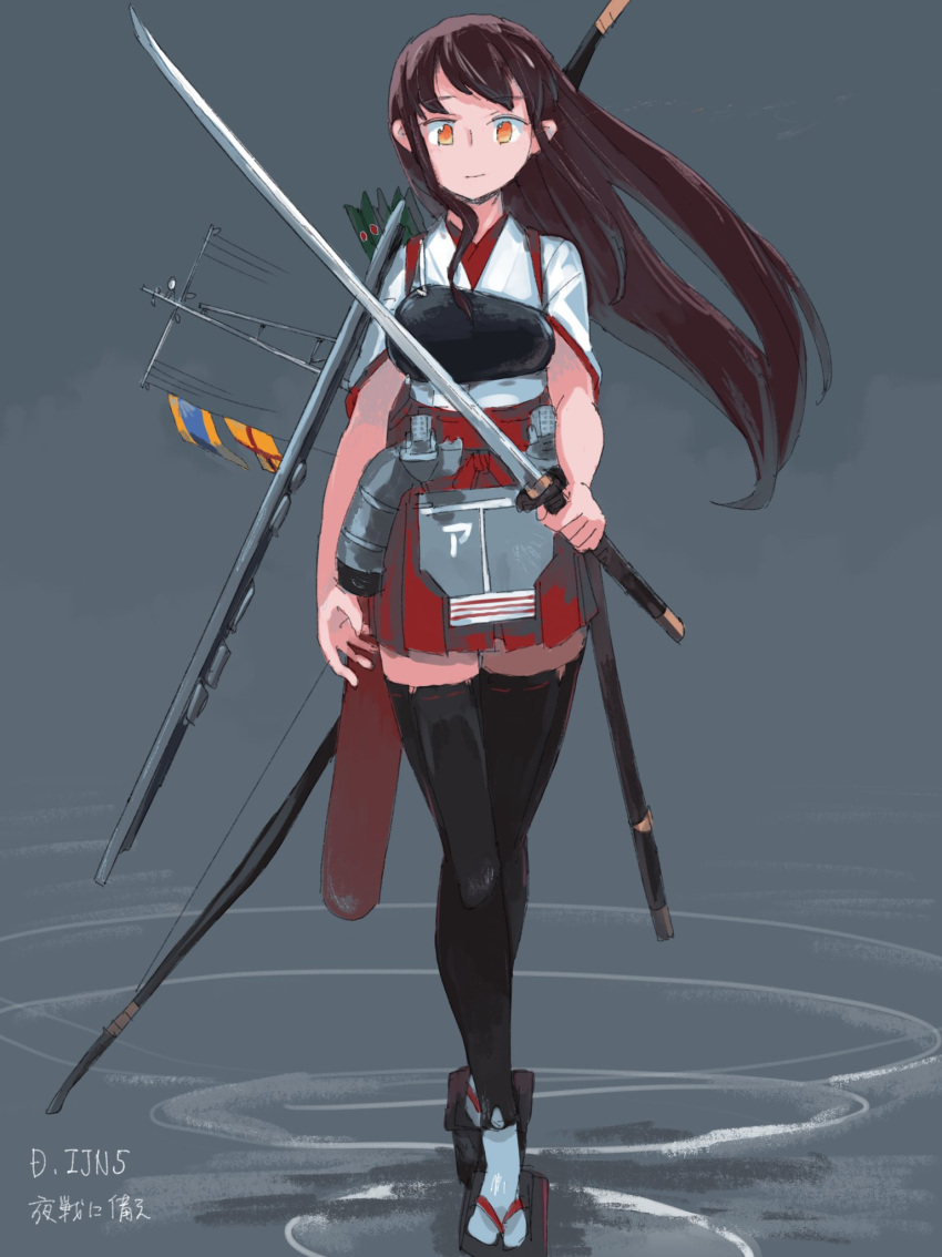 1girl akagi_(kantai_collection) arrow_(projectile) black_legwear bow breasts brown_eyes brown_gloves brown_hair eyebrows_visible_through_hair flight_deck geta gloves hair_blowing hakama hakama_skirt highres holding holding_sword holding_weapon japanese_clothes juraki_hakuaki kantai_collection katana long_hair looking_at_viewer mast muneate partly_fingerless_gloves pleated_skirt quiver red_hakama red_skirt remodel_(kantai_collection) rigging ripples scabbard sheath sidelocks signal_flag skirt smile solo standing sword tabi tasuki thigh-highs weapon wide_sleeves yugake