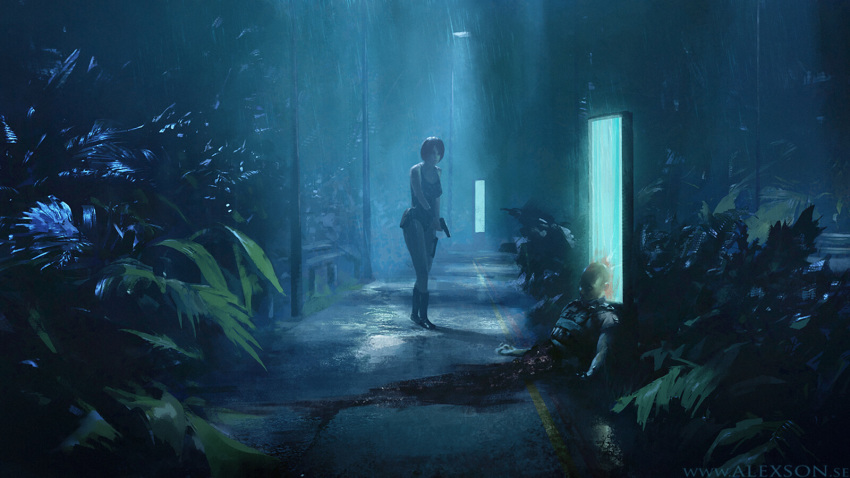 1girl alexander_forssberg blood blood_splatter corpse death dino_crisis gun handgun highres holding holding_gun holding_weapon lamppost light night one-piece_swimsuit outdoors rain regina_(dino_crisis) solo swimsuit walking water watermark weapon web_address