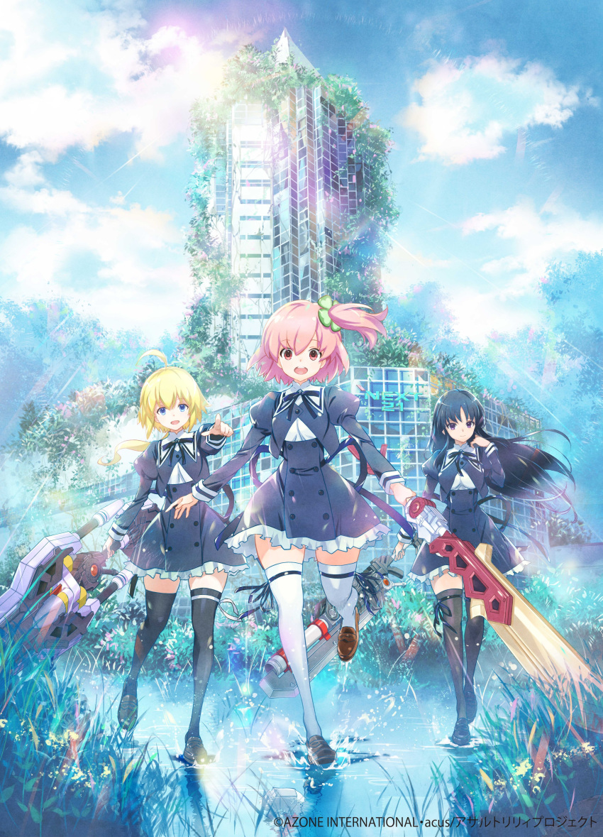 3girls absurdres ahoge assault_lily black_dress black_hair black_legwear black_ribbon blonde_hair blue_eyes blue_sky building character_request clouds commentary_request day dress highres hitotsuyanagi_riri holding holding_sword holding_weapon juliet_sleeves loafers long_hair long_sleeves looking_at_viewer low_ponytail mechanical_sword multiple_girls neck_ribbon official_art open_mouth outdoors pink_eyes pink_hair plant pointing puddle puffy_sleeves ribbon ruins school_uniform shirai_yuyu shoes short_hair side_ponytail skindentation sky sword thigh-highs weapon white_legwear wide_shot