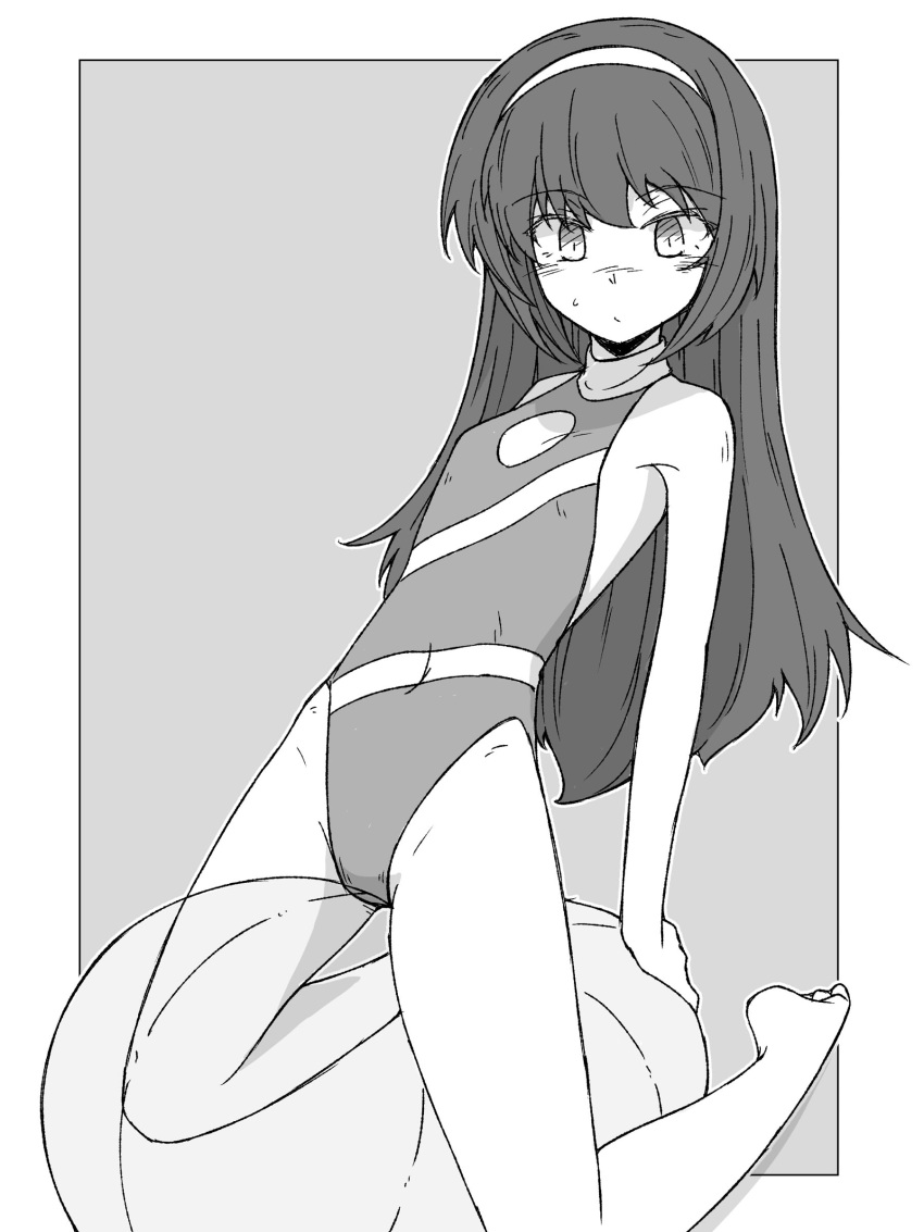 1girl absurdres balancing_ball bangs barefoot border breasts closed_mouth commentary covered_navel eyebrows_visible_through_hair girls_und_panzer greyscale hairband halterneck highleg highleg_swimsuit highres kneeling leaning_back long_hair looking_at_viewer monochrome one-piece_swimsuit outside_border reizei_mako renshiu small_breasts solo straddling sweatdrop swimsuit