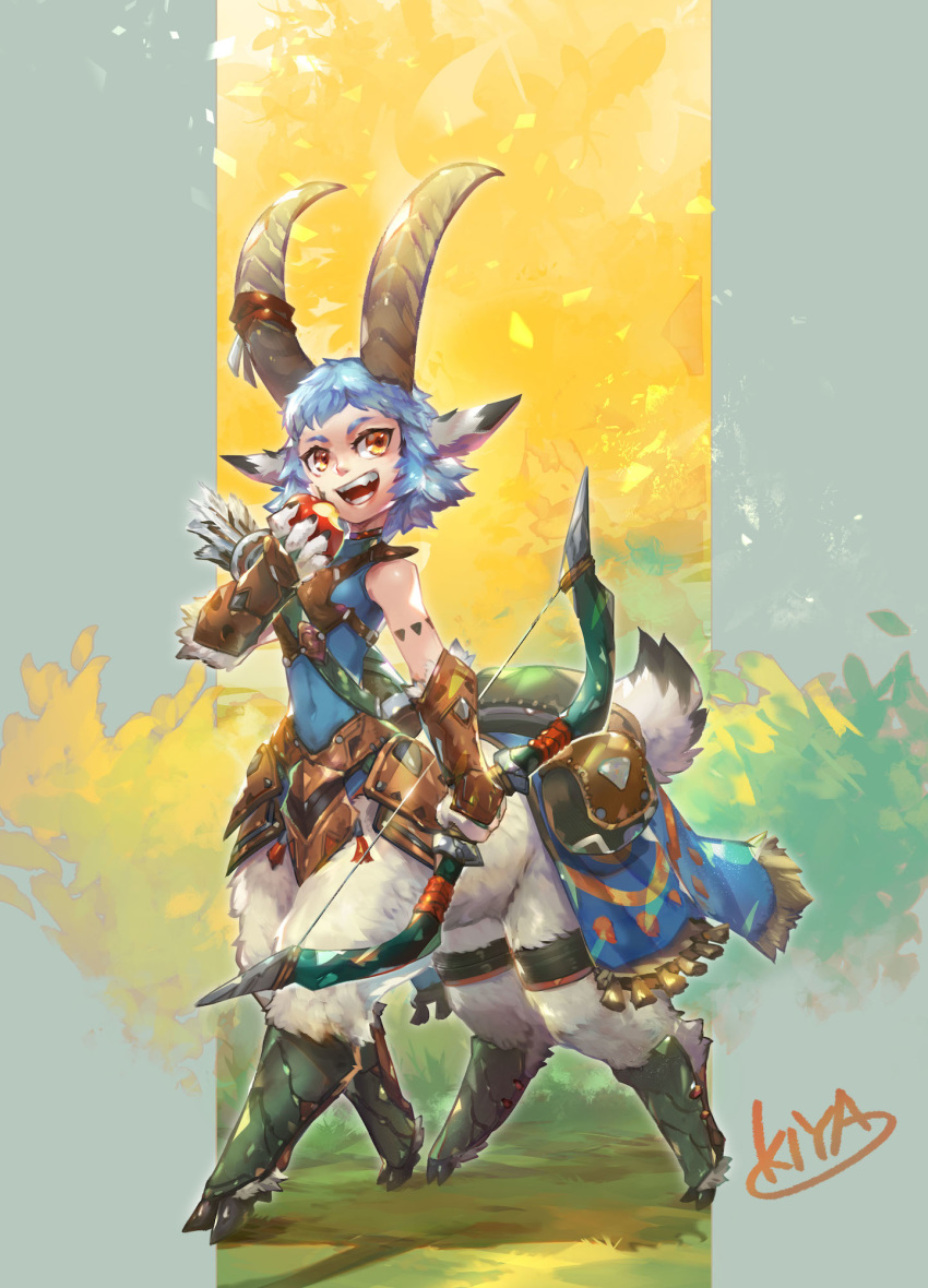 1girl animal_ears apple arrow_(projectile) blue_hair bow_(weapon) breasts centauroid commentary_request covered_navel eating fantasy fasyuki6928 food fruit goat_ears goat_horns highres hooves horns monster_girl orange_eyes original quiver shin_guards short_hair signature sleeveless small_breasts solo vambraces walking weapon