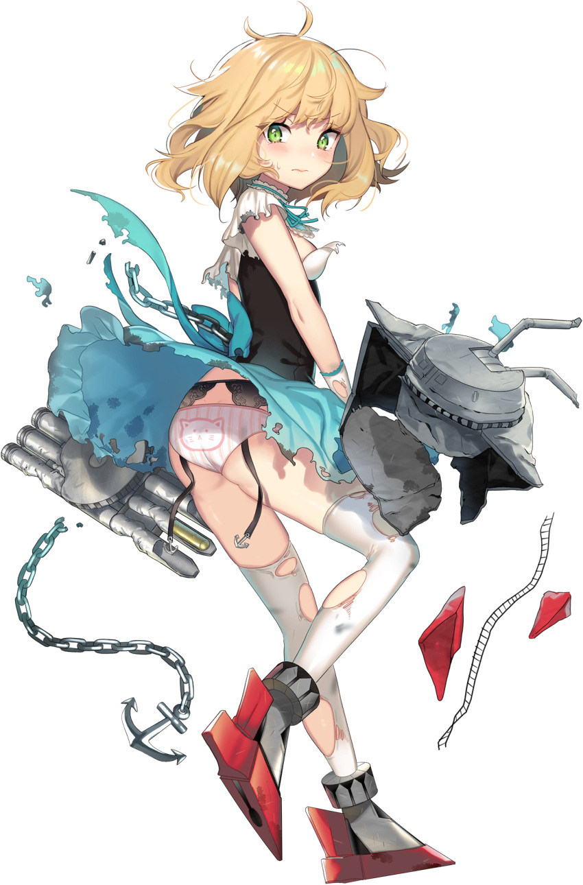 1girl ahoge anchor animal_print bangs blonde_hair blue_oath blue_skirt blush breasts cannon cat_print chain closed_mouth corset eyebrows_visible_through_hair garter_straps gloves green_eyes grey_footwear hair_flaps highres itamidome medium_breasts messy_hair official_art panties pink_panties pleated_skirt puffy_short_sleeves puffy_sleeves rigging rudder_footwear savage_(blue_oath) shirt short_sleeves skirt solo striped striped_panties sweat thigh-highs torn_clothes torn_legwear torpedo transparent_background underwear white_gloves white_legwear white_shirt